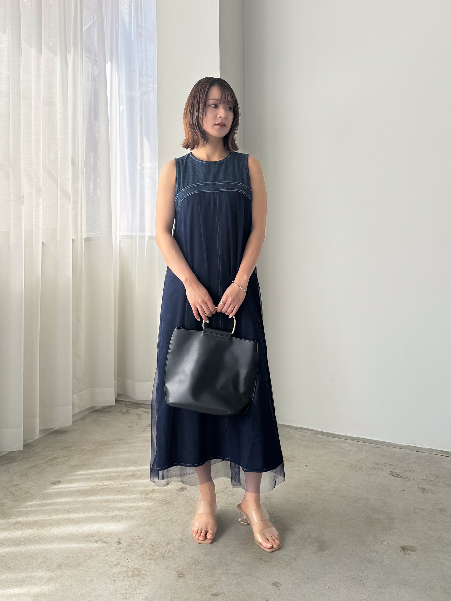 チュールレイヤードデニムワンピース