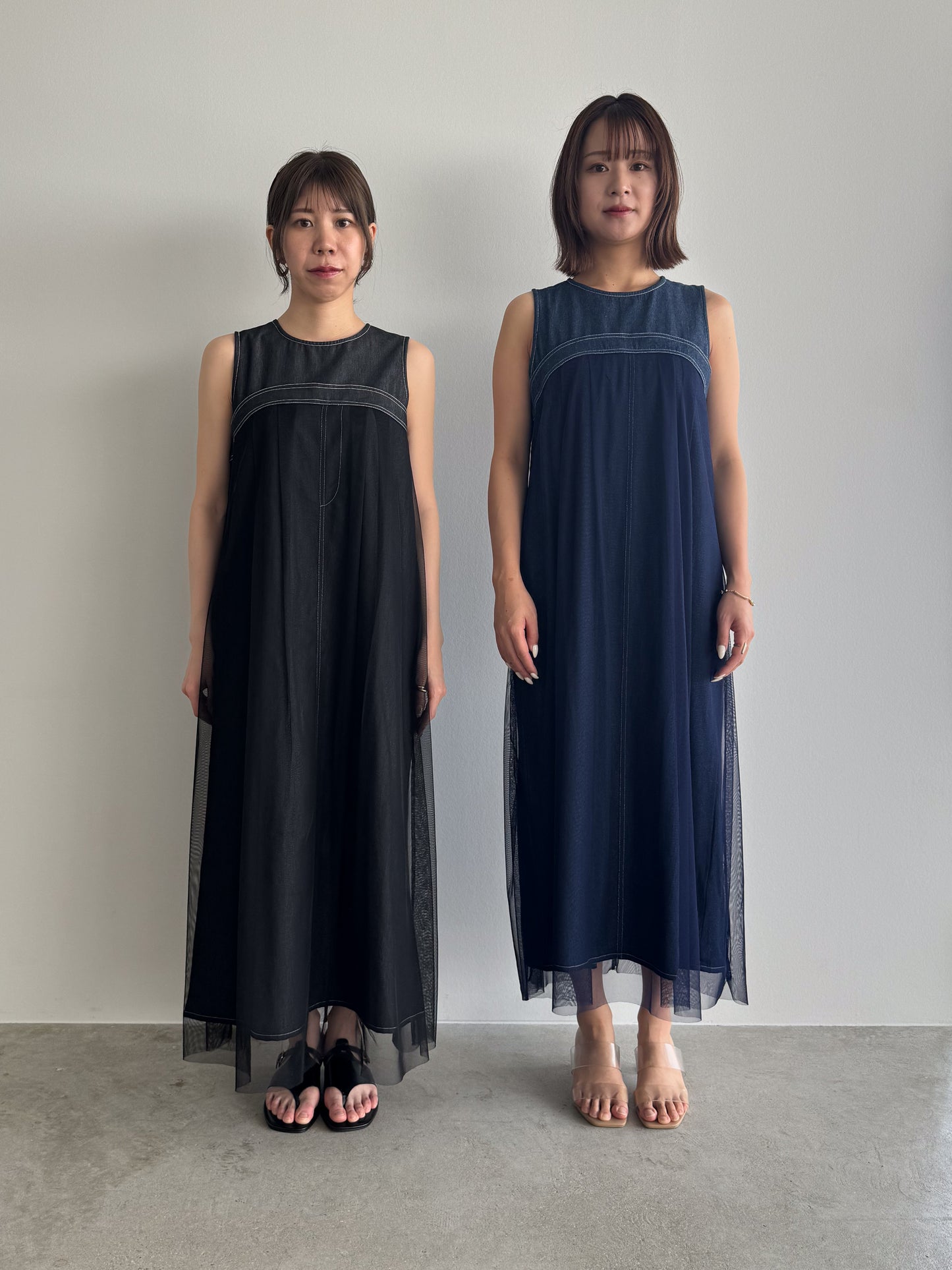 チュールレイヤードデニムワンピース