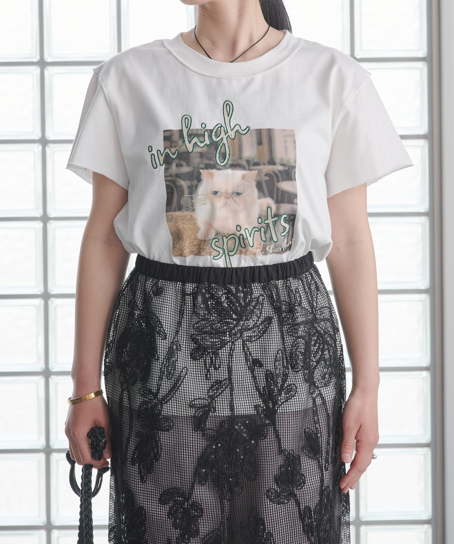 Pqran　【オリジナル図案】CATプリント刺繍Tシャツ