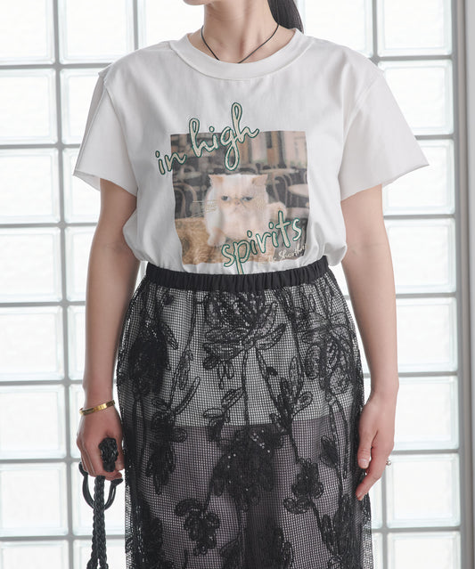 Pqran　【オリジナル図案】CATプリント刺繍Tシャツ