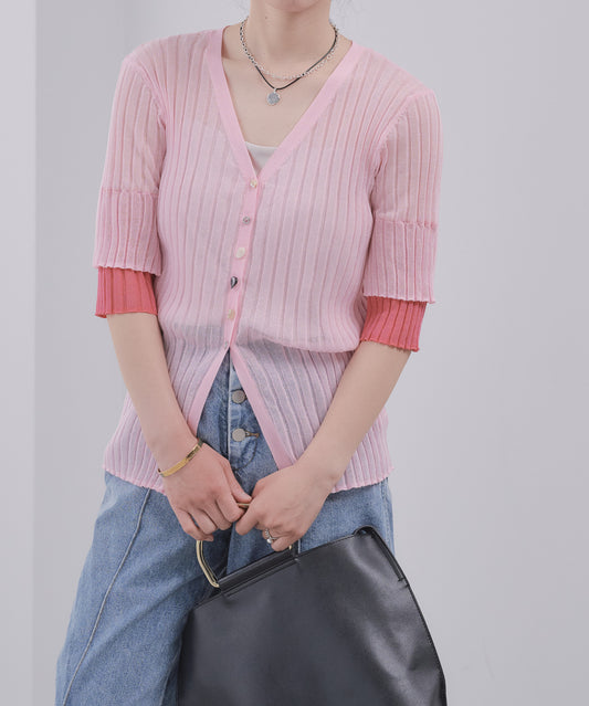 Pqran　【展示会人気No.1】マルチボタンシアーニットカーディガン
