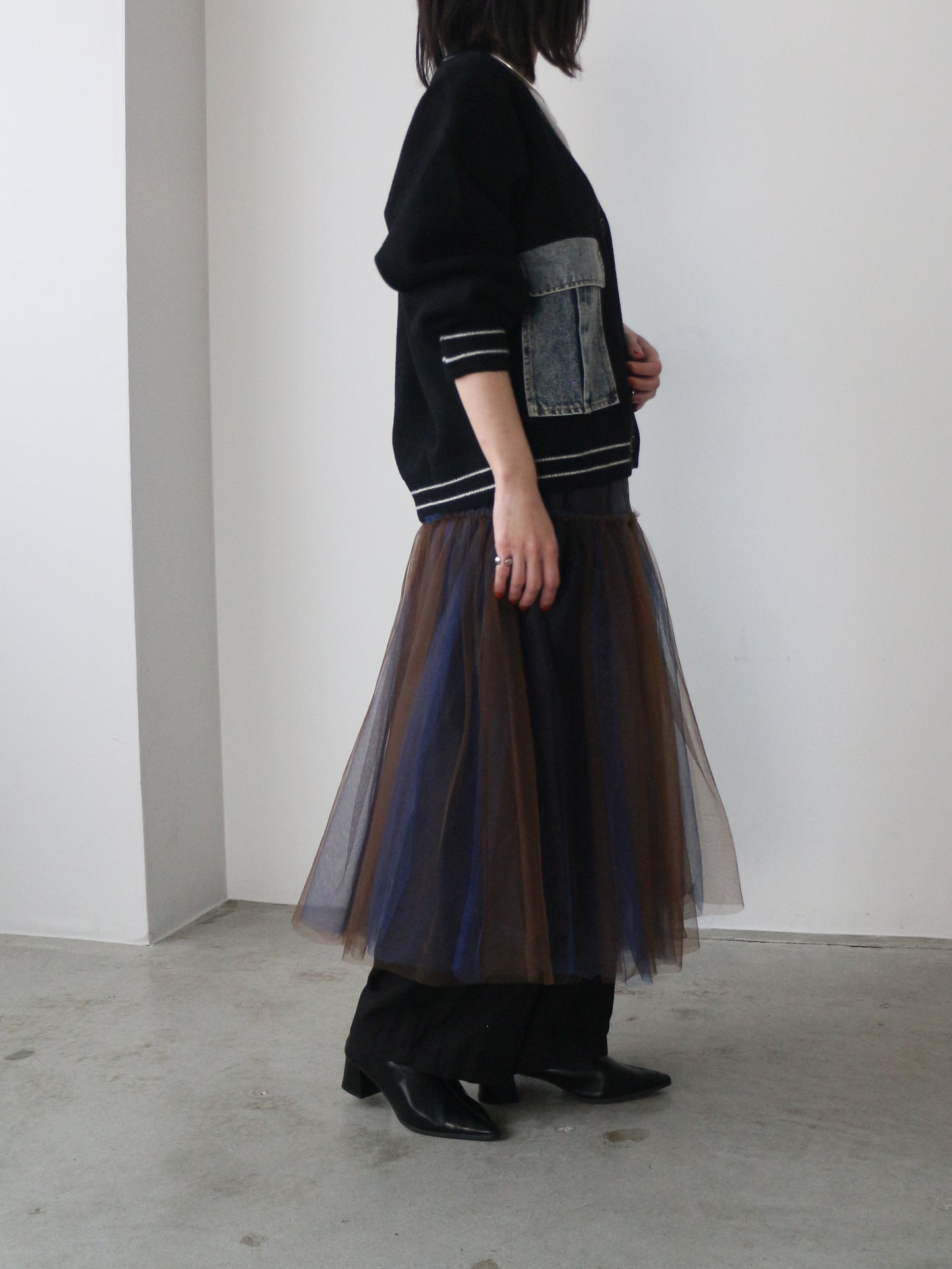 eru　デニムスリーブドッキングカーディガン