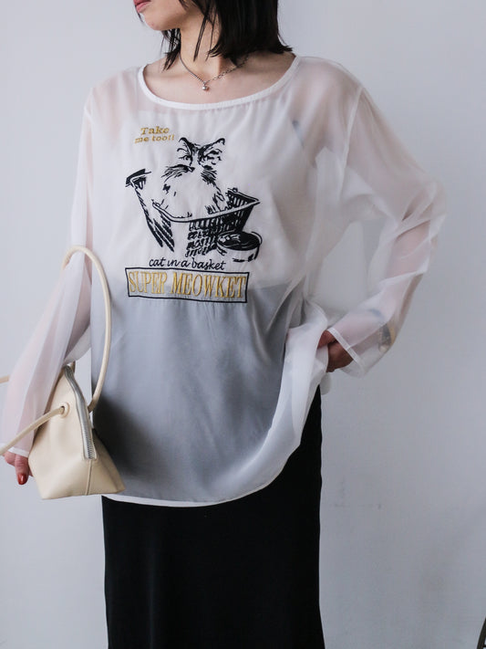 eru　【オリジナル図案】CAT 刺繍レイヤードロングスリーブTシャツ