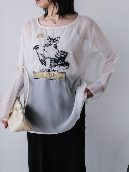 eru　【オリジナル図案】CAT 刺繍レイヤードロングスリーブTシャツ