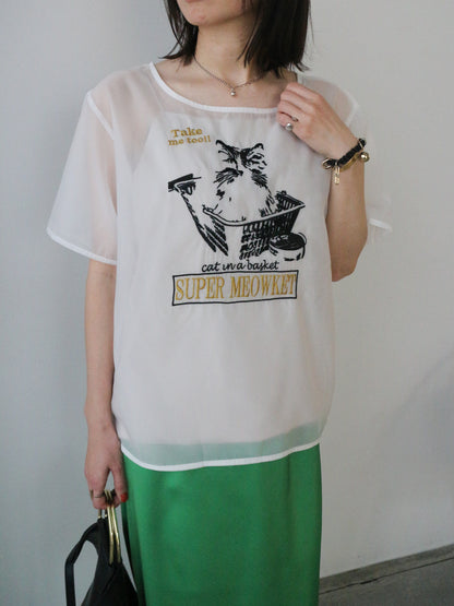 eru　【オリジナル図案】CAT 刺繍シアーTシャツ