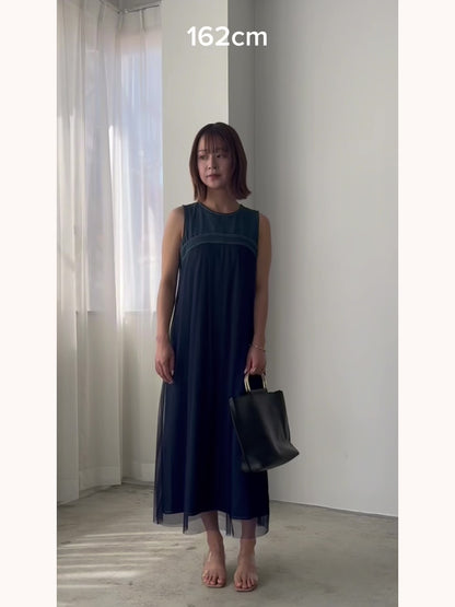 チュールレイヤードデニムワンピース